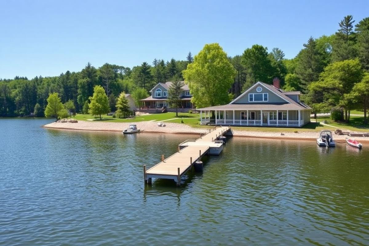 Lakefront home with a dock on a calm inland lake near Brighton, Michigan