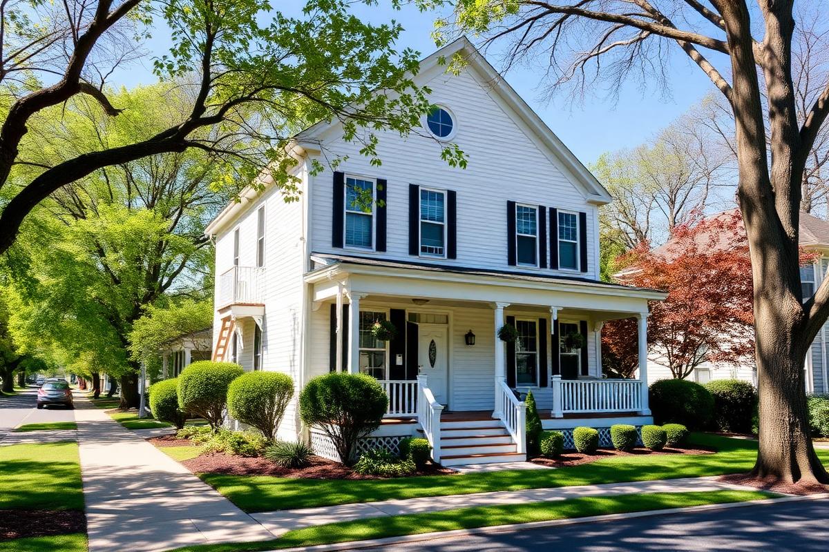 Historic white clapboard home with a front porch on a walkable street in Northville, Michigan